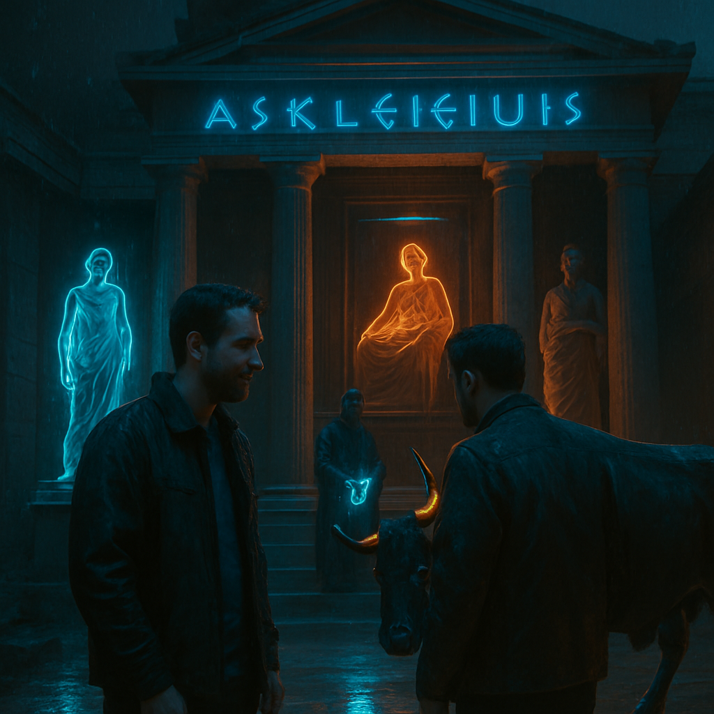 The dream centers around a visit to the Temple of Asclepius, where the dreamer interacts with a friend, temple servants, and a priest. Within the temple, they notice changes in statues and experience a symbolic encounter with a bull.