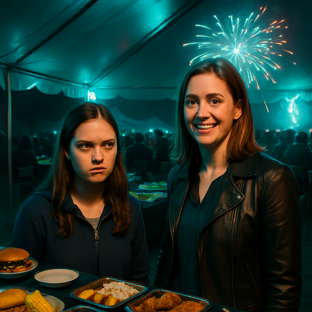 The dream involves organizing an outdoor party with the dreamer's older sister, who takes credit for changes made. The event serves American and Indian food, causing concern, and concludes with fireworks.