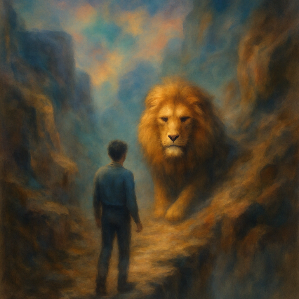 The dreamer encounters a lion on a path and initially flees, but ultimately turns to face it, allowing passage.