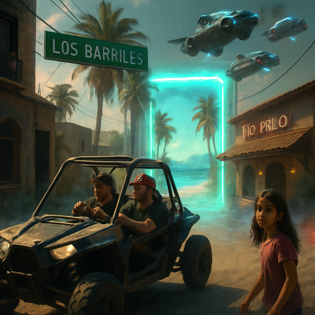 The dreamer is in Los Barrilles with their cousin Bobby, driving a dune buggy in search of a new home. They witness their roommate cheating, get kicked out, and enter Baja through a portal. The dream concludes with a police commotion and nearly hitting a girl.