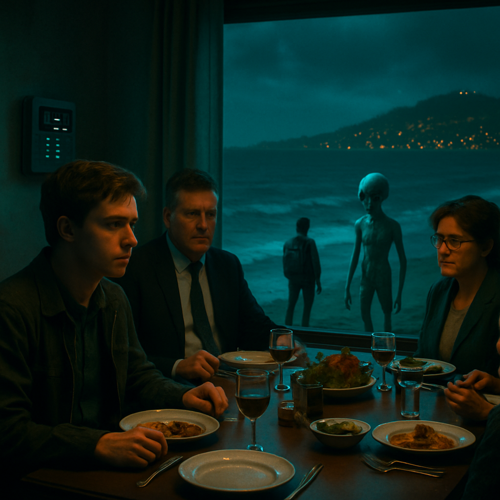 In this dream, the dreamer is staying at their parents' house with a young man. There is a formal meal and a feeling of being obligated to stay and work on a task. The dream shifts to a beach where a friend reveals a person as an alien. There is tension, recognition of false appearances, and a need to find a missing friend.