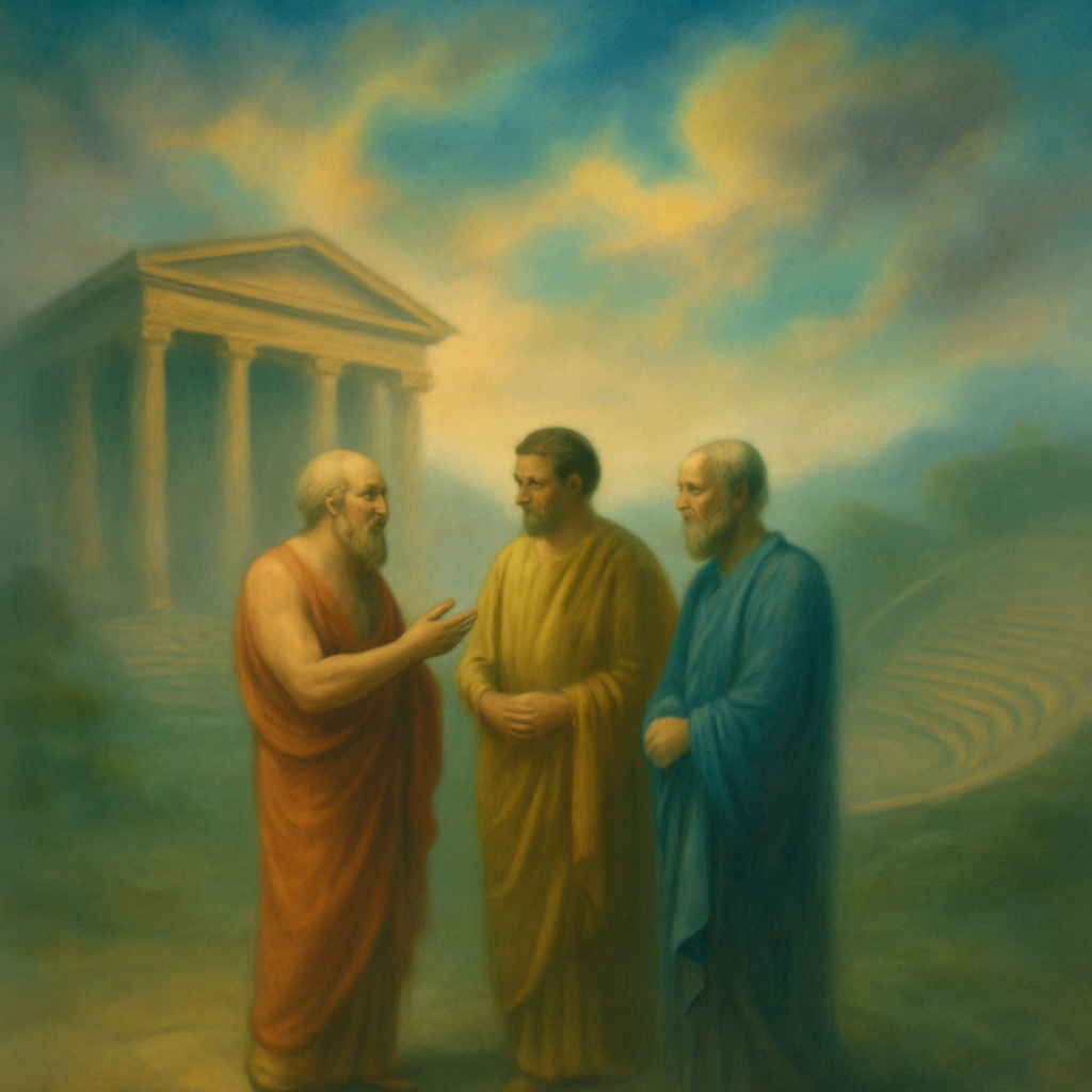 The dreamer converses with historical figures Socrates, Demosthenes, and Thucydides, and is instructed to offer first fruits of their orations at the Temple Stoa by the Theater.