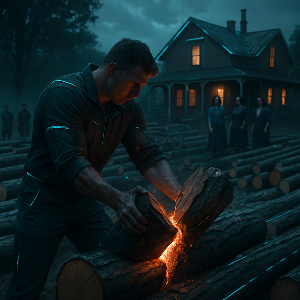 The dreamer aids in a field with logs, solving challenges by breaking them for better handling, and ensuring order while assisting women in a house.
