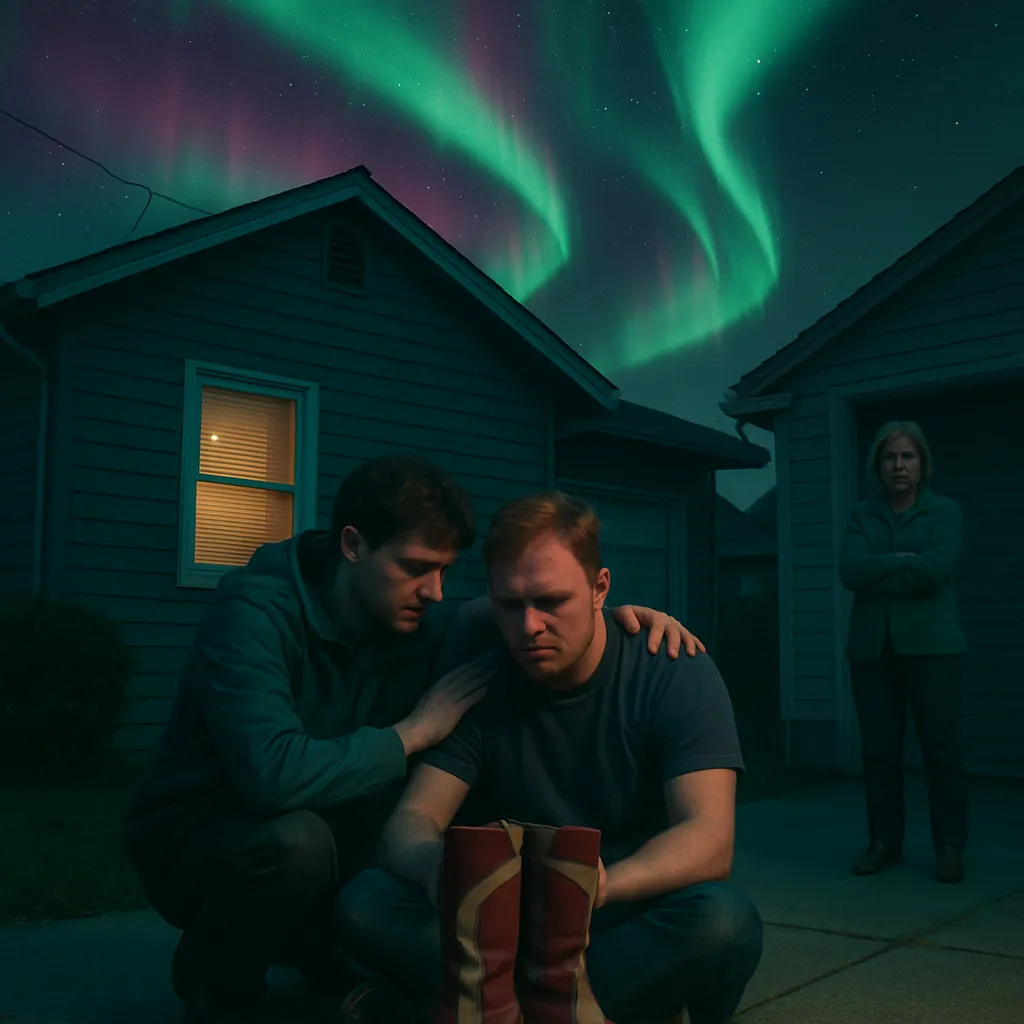 The dream involves comforting a sad friend, witnessing the Northern Lights as a good omen, finding retro boots at a nostalgic location, and dealing with external judgement.