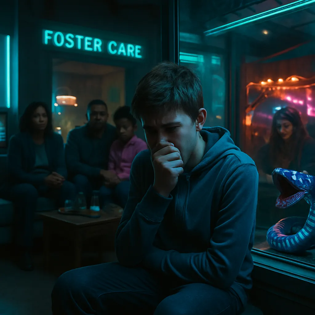 The dreamer, a teen in foster care, experiences a panic attack and later encounters a symbolic snake in a museum. After being bitten and feeling ashamed, the dreamer seeks healing in a mystical circus, finding help and transformation.