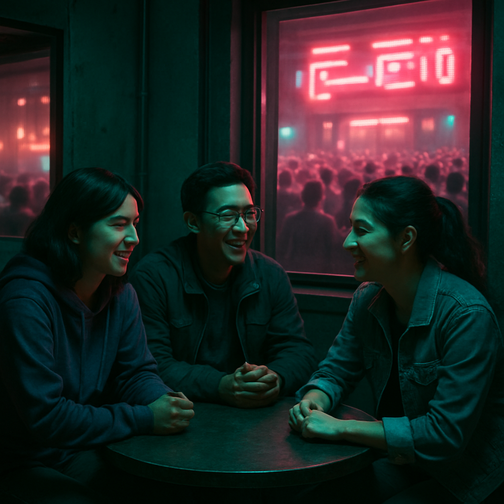 The dreamer is aware of a big, agitated social gathering in one room but is in a different place with a smaller group of people where they feel happy and fine.
