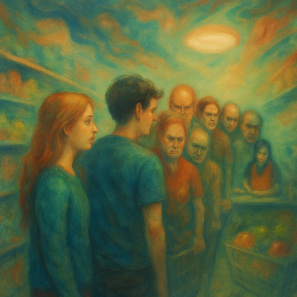 Dreamer is in a long line in a grocery store with someone, surrounded by people in bad moods.