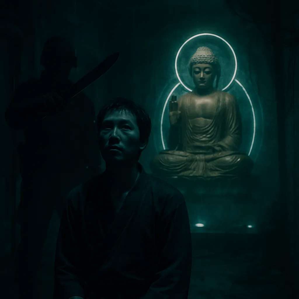 The dreamer awaits decapitation while focusing on Amida Buddha, having abandoned Esoteric rituals, leading to a night of discussion about spiritual matters.