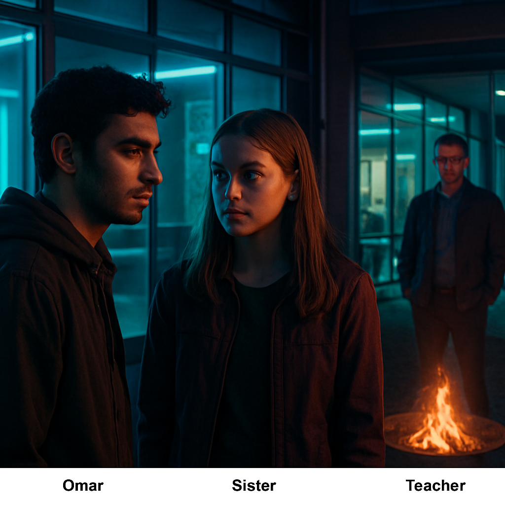 In a dream, the dreamer encounters Omar and their sister in a compromising situation in a laboratory school. The dreamer experiences feelings of betrayal but tries to confront the situation calmly. Omar seems philosophically reflective, and the dreamer feels swallowed by other people's activities. The dream ends with a realization of self-doubt and acknowledgment of a lack of trust being an underlying issue.