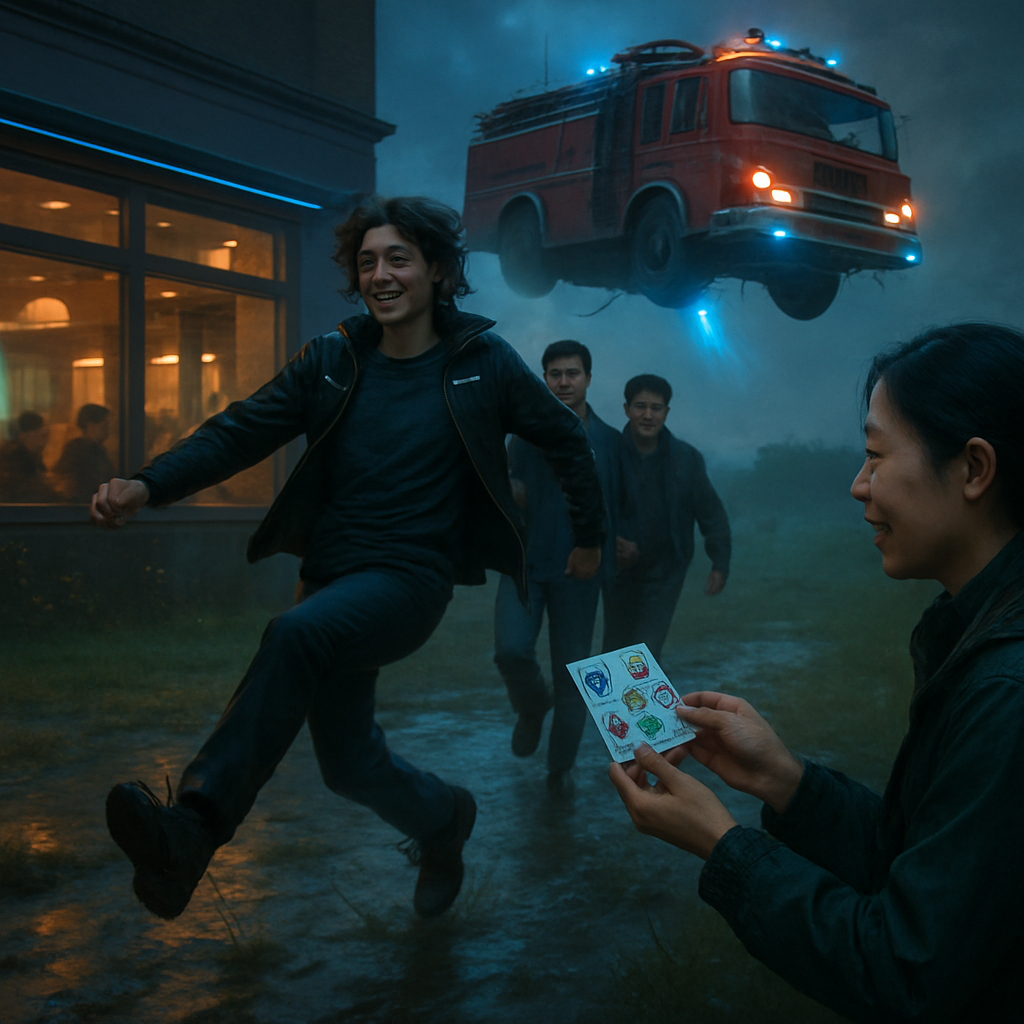 The dreamer is part of a famous group at a restaurant, recognized by diners. They energetically skip through, showing pride. A flying firetruck symbolizes unexpected aid. Walking through muddy waters, they receive a small gift of stickers from a woman, symbolizing connection.