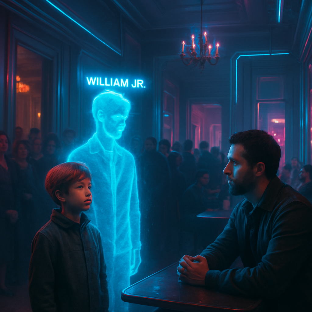 The dreamer encounters a young boy and a ghost named William Jr. in a room filled with people. Intrigued by spirits and moved by a conversation with a knowledgeable man in a café, the dreamer grapples with the idea of sharing spiritual experiences.