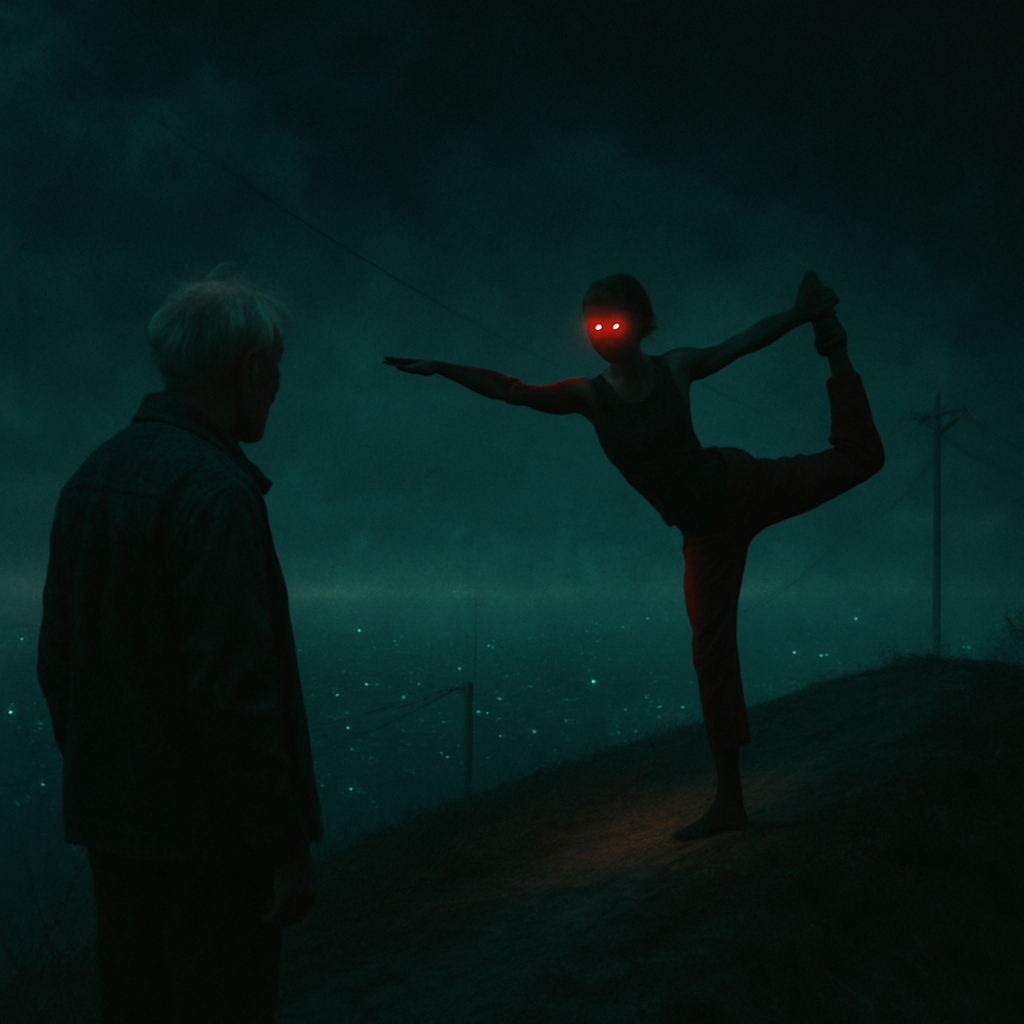 The dream involves being on a hill where the dreamer's younger-sounding grandfather calls out to them. The dreamer sees themselves performing dancer pose in red pants but is unnerved when they imagine turning to face themselves with 'demon eyes,' causing discomfort.