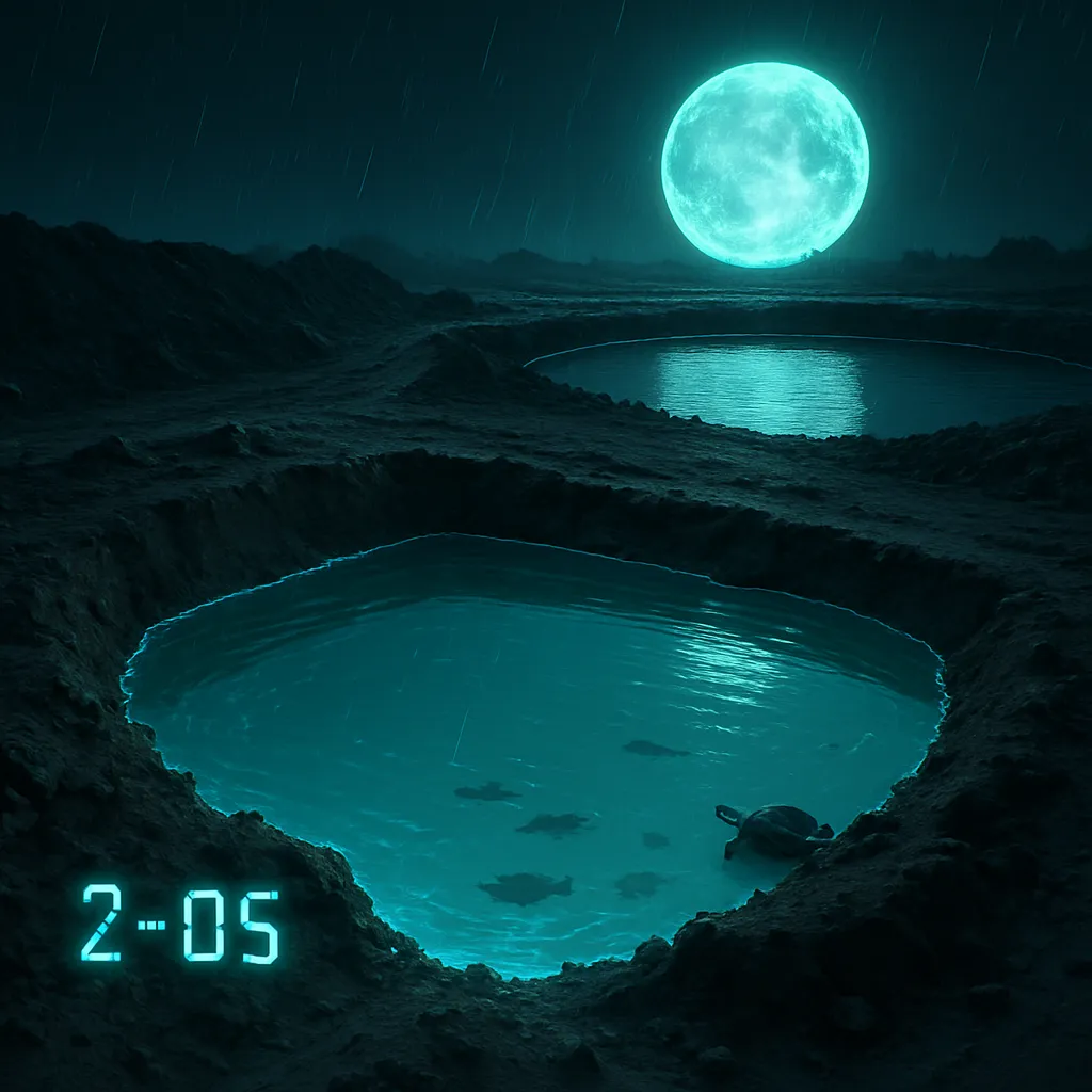 The dreamer constructs a new pond that fills up with pure, clear water after a downpour. Next to it is another large, older pond. They are almost merging. The dreamer thinks about fish and turtles entering the small pond and anticipates the moon rising over it.