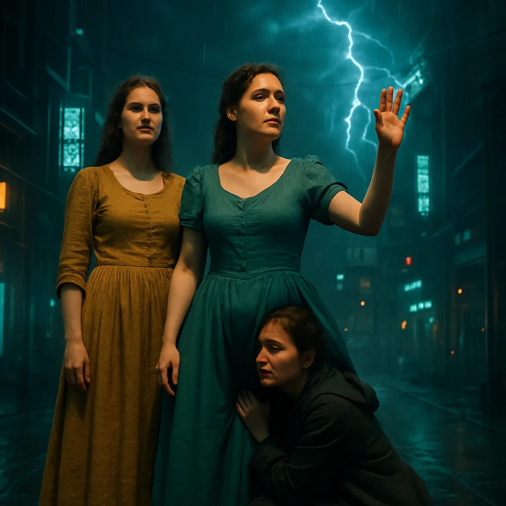 The dream involves watching a play by three women, followed by seeking shelter under them when the sky darkens, indicating incoming lightning.