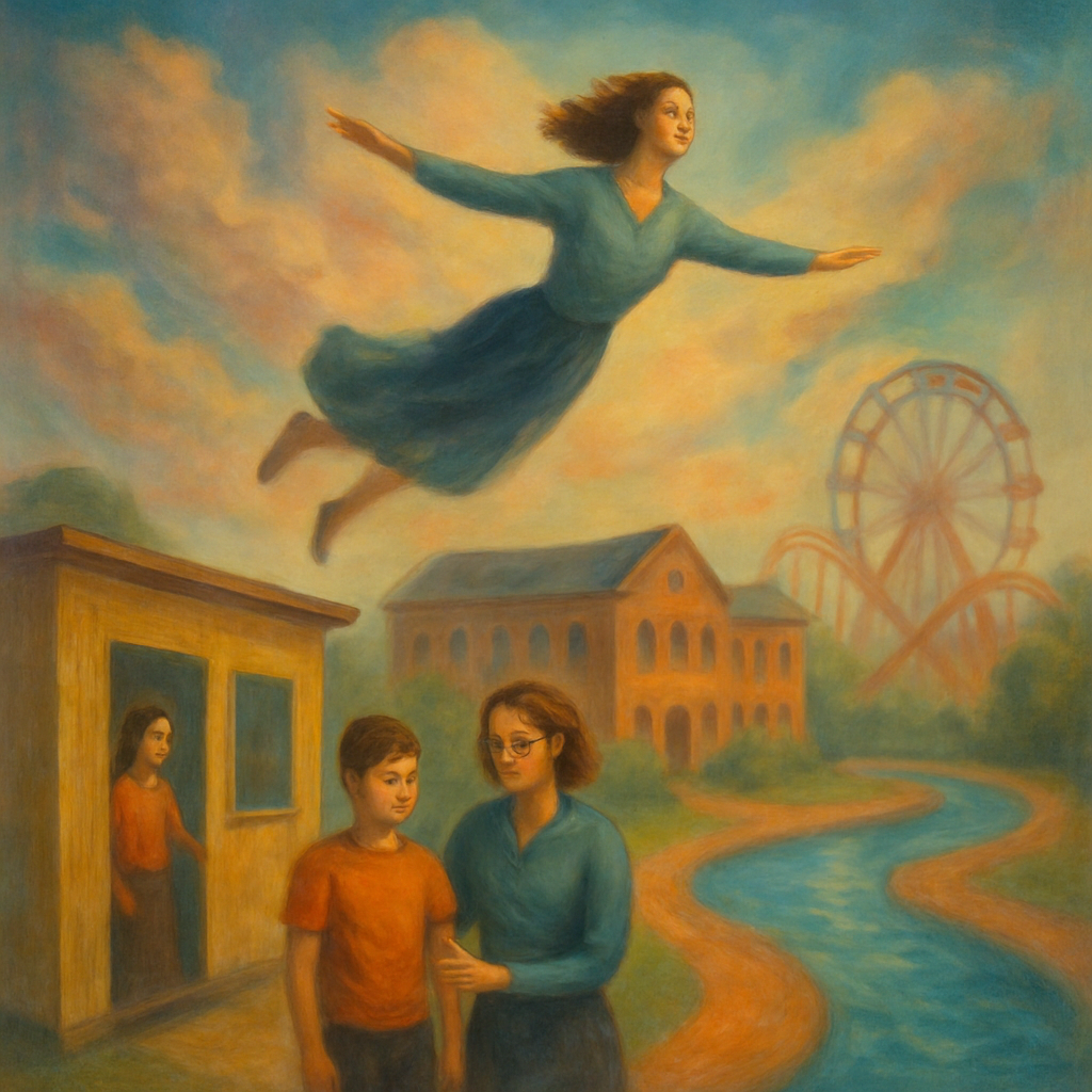The dreamer, a teacher, starts their day expecting a short work day but ends up involved in an extended schedule, including unexpected responsibility for a pleasant student. The setting involves a school near an amusement park, with a superior teacher and an emotional journey symbolized by flying and water.