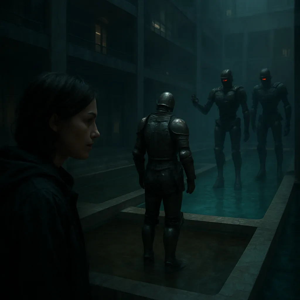 In a high-rise building with natural pools, guards judge and order people into the pools, leading to potential death. Omar, wearing metal armor, prepares for his fate. The dreamer escapes but worries for Omar, symbolizing a journey of oppression and transformation.