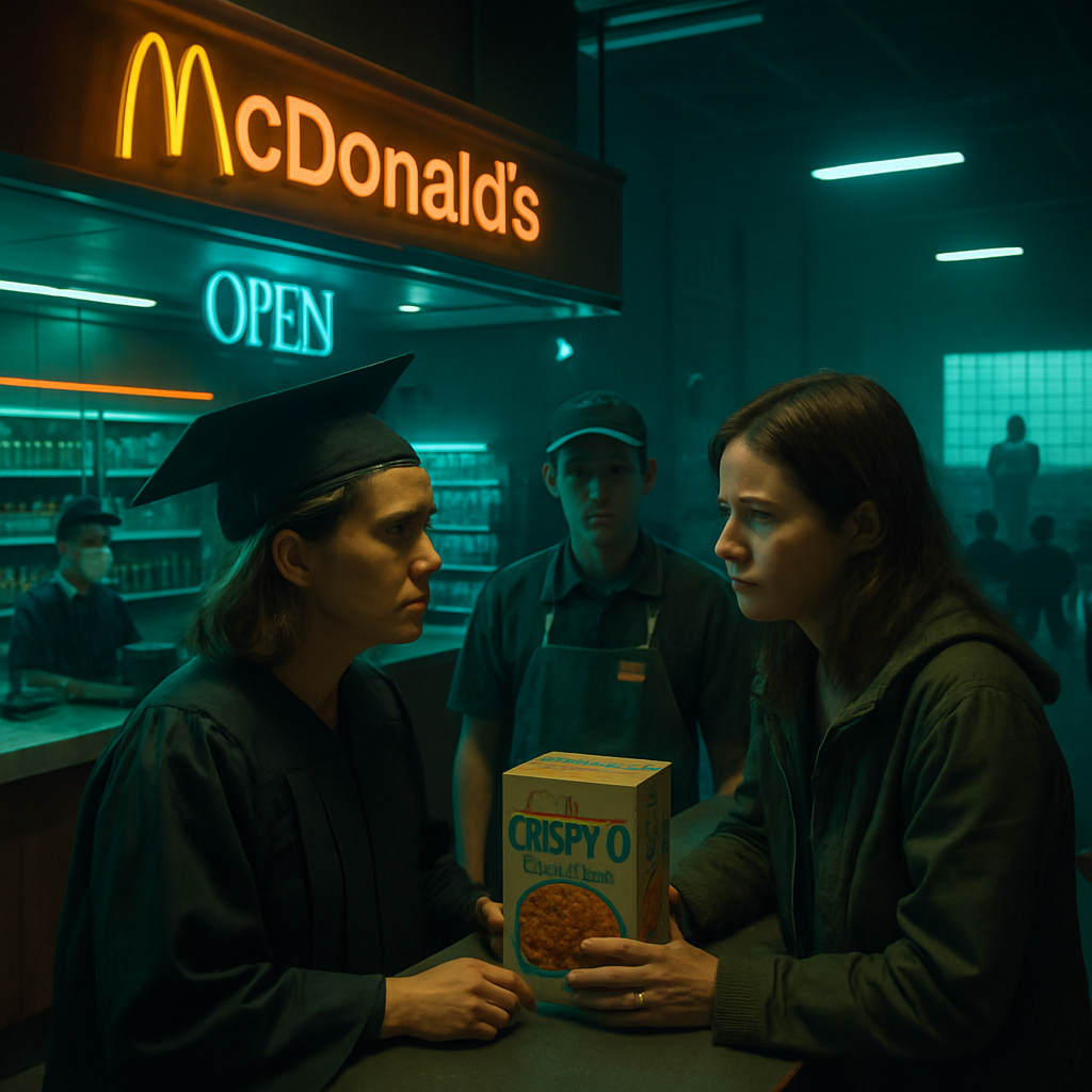 The dreamer experiences a post-quarantine world where they return stale groceries to a McDonald's, feels a sense of relief, witnesses a sparse ceremony, and reconnects with high school friend Teresa, who reveals painful marital issues.