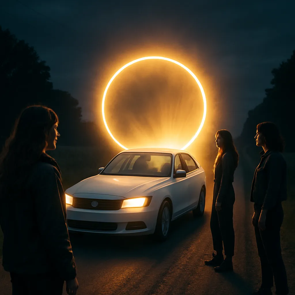 In the dream, people are seen driving a white car on a country road. The dreamer helps them by adding theater lighting, creating a backlit halo effect. Women are involved in this scene.
