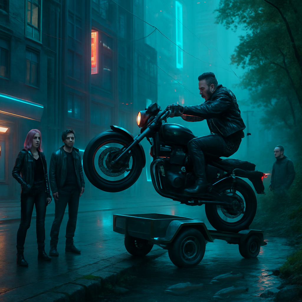 The dream features a walk through a city, encountering a lively group dressed rebelliously. The main guy performs stunts involving a motorcycle and a trailer. Later, by a creek, the dreamer sees salmon moving downstream and calls out to a companion, Ronald.