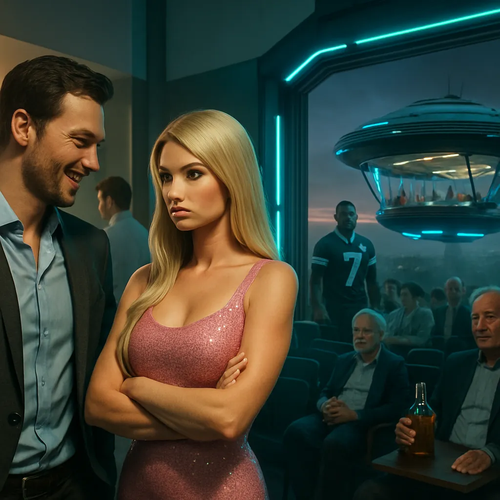 The dreamer is at a social gathering with their husband, who is flirting with a Barbie-like woman, causing the dreamer to feel jealous and angry. This leads to a rebellion at a family gathering, where a simplification of traditional multifaceted customs occurs. The dream concludes with a futuristic vision of a flying meeting room or home.