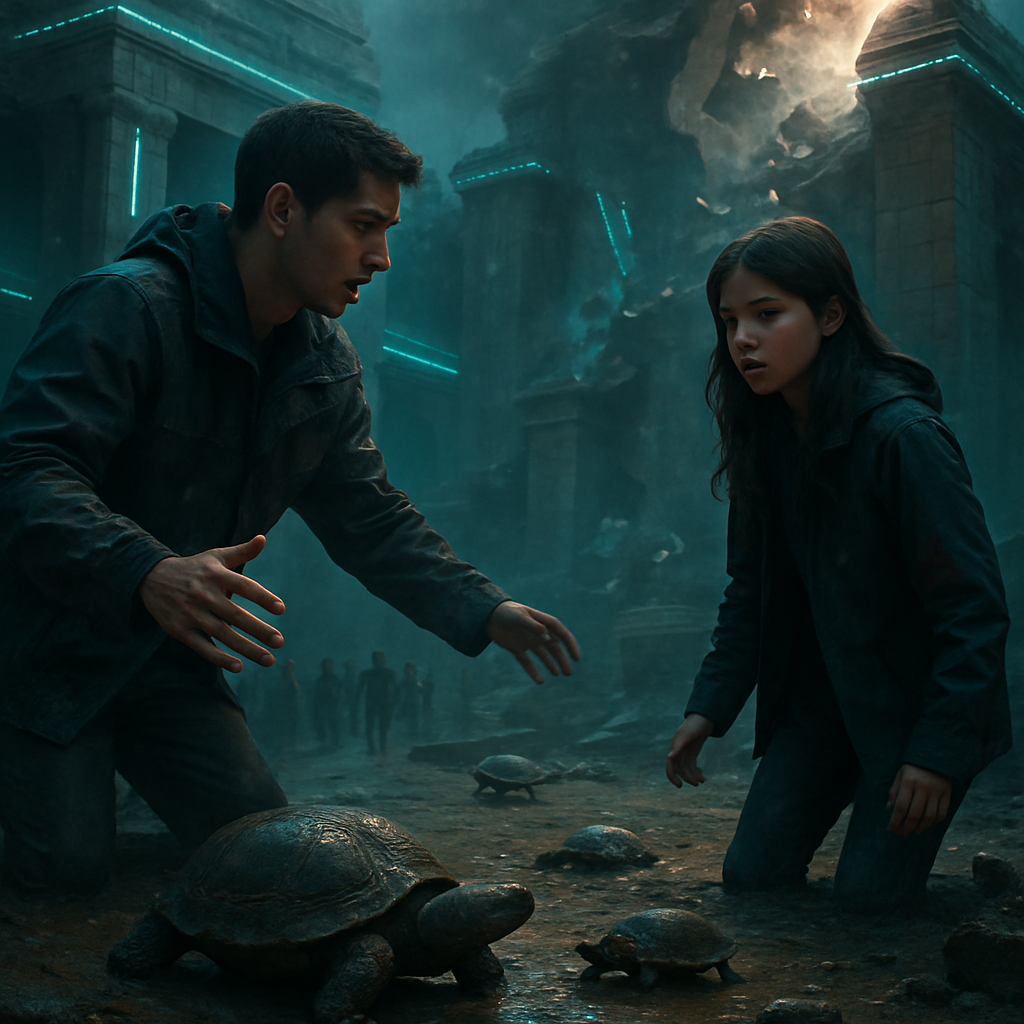 The dreamer was at a gathering near stone structures with a girl, discovering turtles in a muddy ground. The dreamer warns that the turtles stop erosion and any movement might bring down unstable structures, leading to a sense of imminent collapse.