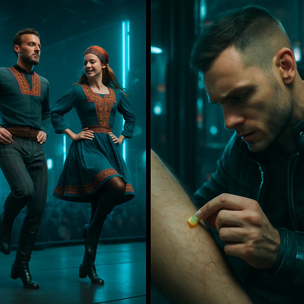 The dreamer observes Hank and Wendy performing Irish river dance in Scandinavian costumes. Wendy uniquely tries to engage the dreamer. Partner Josh assists with an ingrown hair on the dreamer’s leg, leading to unusual discharges upon popping. The narrative explores identity confusion, relationships, and underlying anxieties.