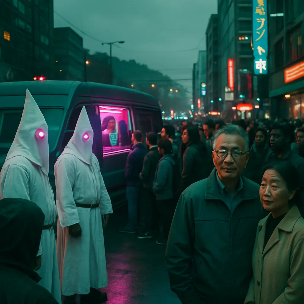 The dream involves walking through an urban area, encountering a crowd outside a store where a van offers services. Among them, a KKK-like group recruits, causing discomfort. Upon moving, a diverse group is found with a pleasant older Japanese man, highlighting a contrast and offering comfort.