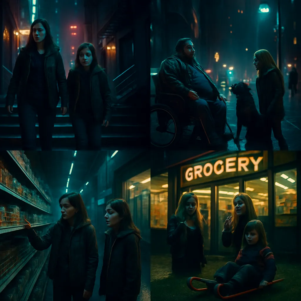 The dreamer walks through NYC with an older sister, encounters a man in a wheelchair, faces societal judgments from jeering women, shops in a grocery store, and reflects on their past as a child in a sled.