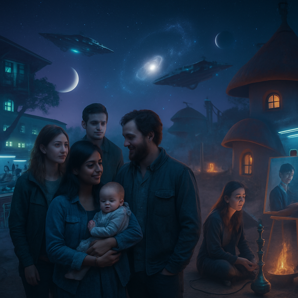 The dreamer wanders through symbolic locations like a college campus, an artist's studio, and a military cafeteria in outer space. Interactions with friends, colleagues, and symbolic figures provide a backdrop for explorations of creativity, community, competition, and new beginnings.