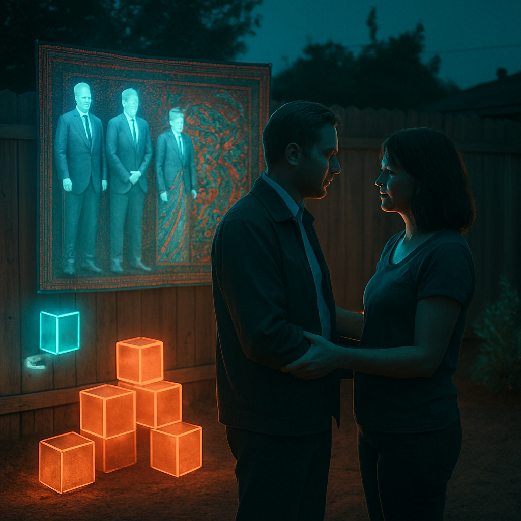 The dreamer envisions political candidates and a tapestry of dreams, pondering how to integrate them without conflict. Later, the dream shifts to an intimate moment with the dreamer's wife in their backyard, exploring intimacy and challenge.