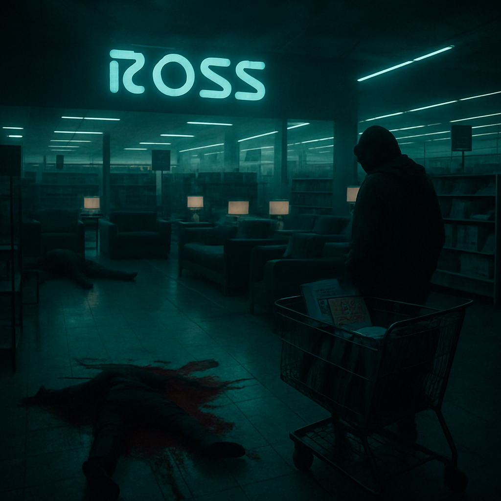 The dream involves being in a Ross store during an ambiguous time of day, witnessing incidents involving death, a pool of blood, and drugs. Despite the chaos, the dreamer tries to shop for meaningful items for loved ones but finds nothing worthwhile.