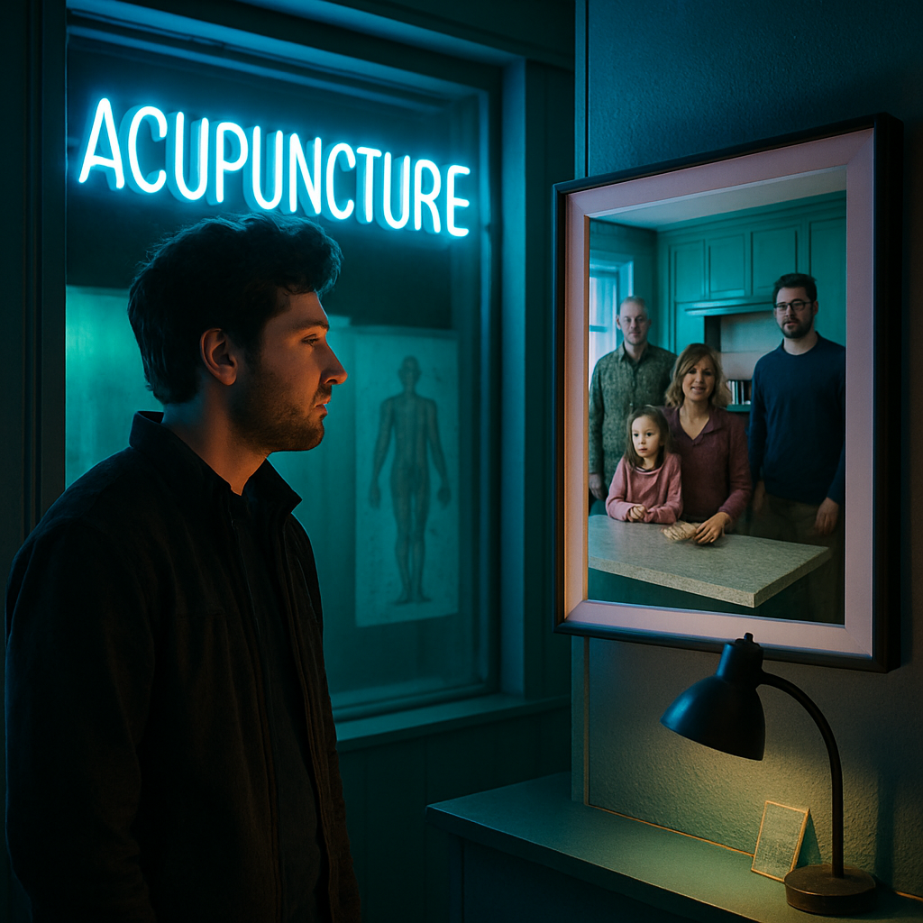 The dream involves walking into a shop selling acupuncture treatments and observing an image of Levi's family in a newly renovated bright blue kitchen in Pittsfield.