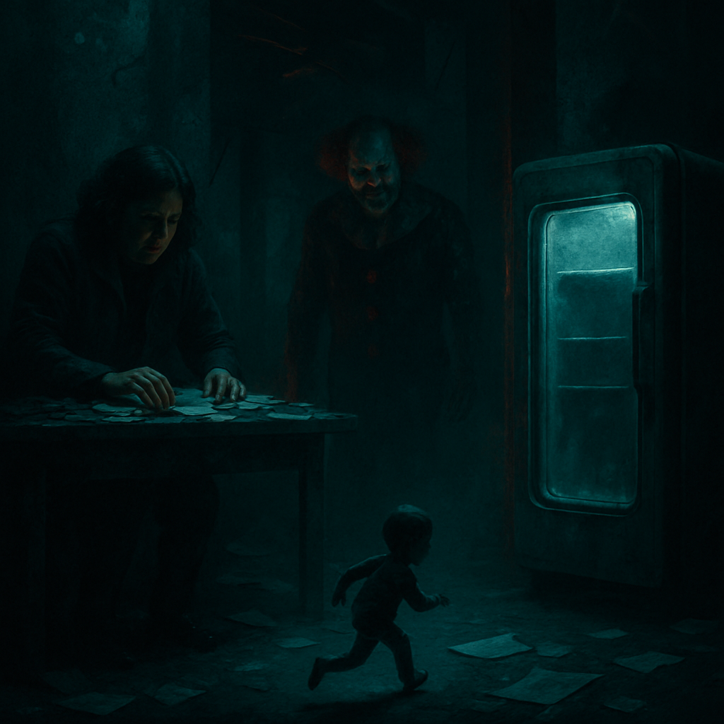 The dream involves being with the dreamer's mother in trouble over papers, observing a small figure realizing he is in a dream, encountering a clown, and hiding in a freezer.