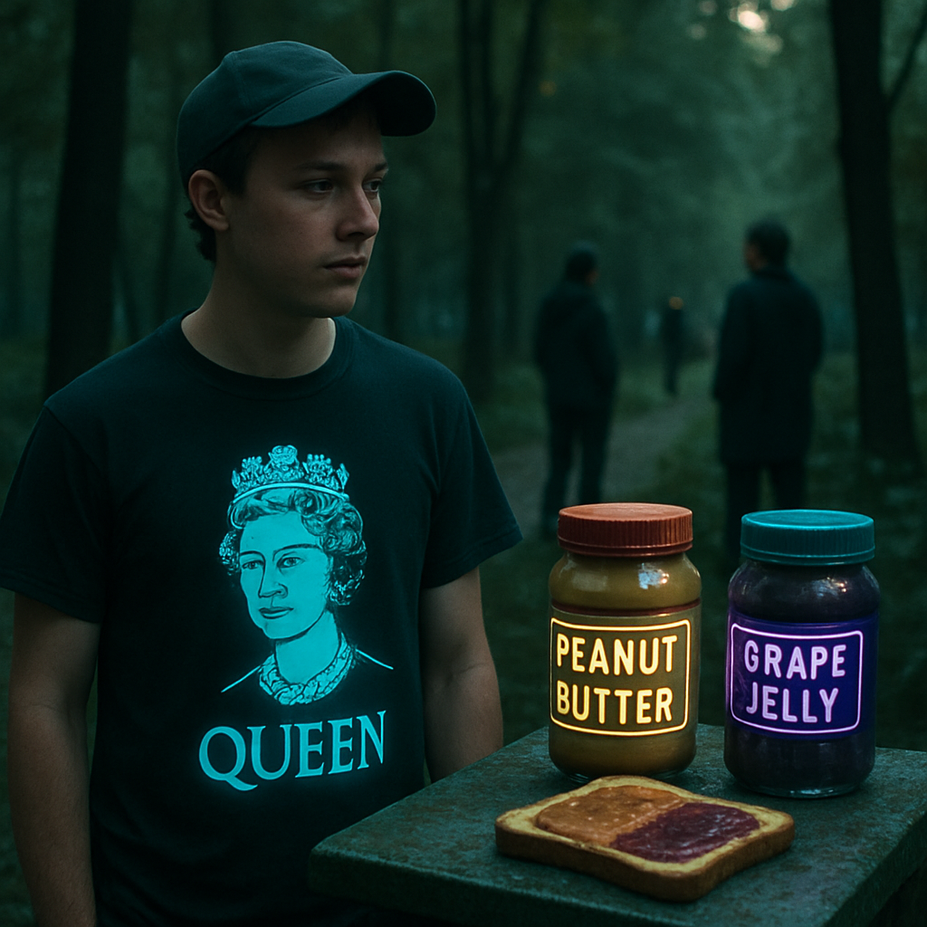 The dreamer observes the behavior of people in nature, noting instances of deception. A peculiar display of peanut butter and jelly stands out. The dreamer also notices a shirt with a British Queen logo, prompting thought on the relevance of monarchy.