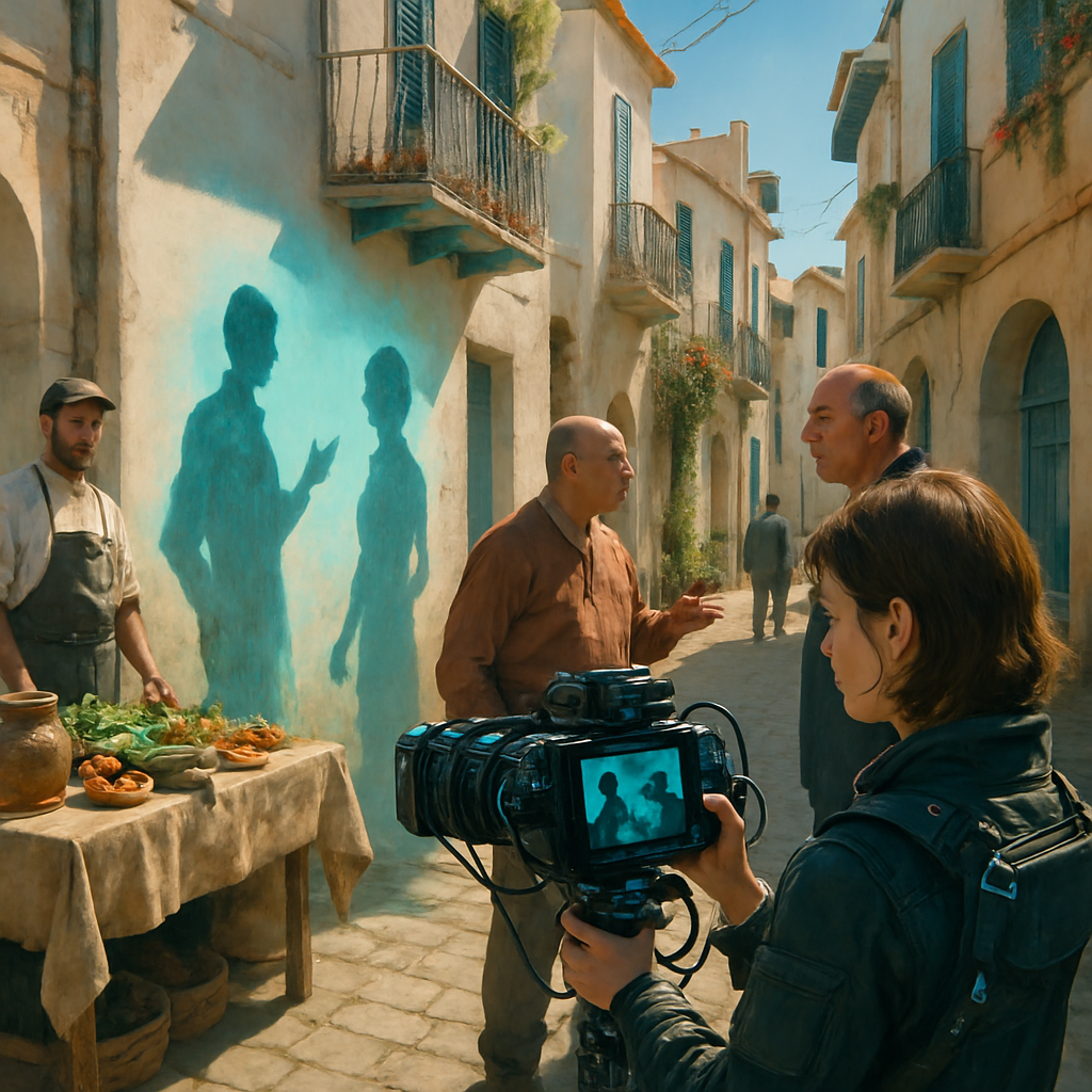 The dreamer is in an artistic Mediterranean-like community, capturing 'shadows' that represent people, functioning within a barter economy. They navigate a social disruption involving a man misunderstanding communal norms while the dreamer's intimate self-exploration affects their ability to stay in the dream.
