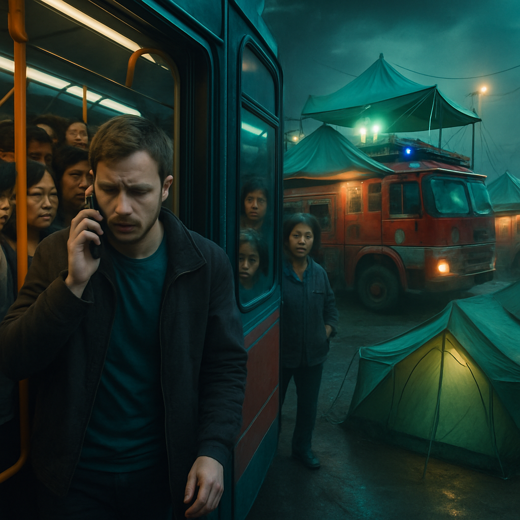 The dreamer experiences crowdedness on a bus, interacts with acquaintances, and is worried about a migraine. They later envision living in a tent community within abandoned fire trucks, symbolizing escape and adaptation.