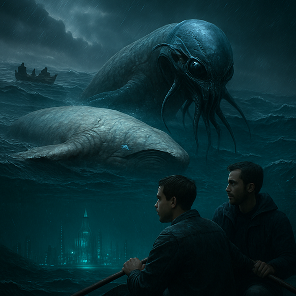 The dreamer is in a stormy sea, dealing with forces beyond control. A dead whale transforms into an alien-like creature, representing a new, unknown challenge. Evading threats, the dreamer reaches an underwater city. In a transition, concerns about a journey to a concert are calmed by a friend, reflecting reassurance.