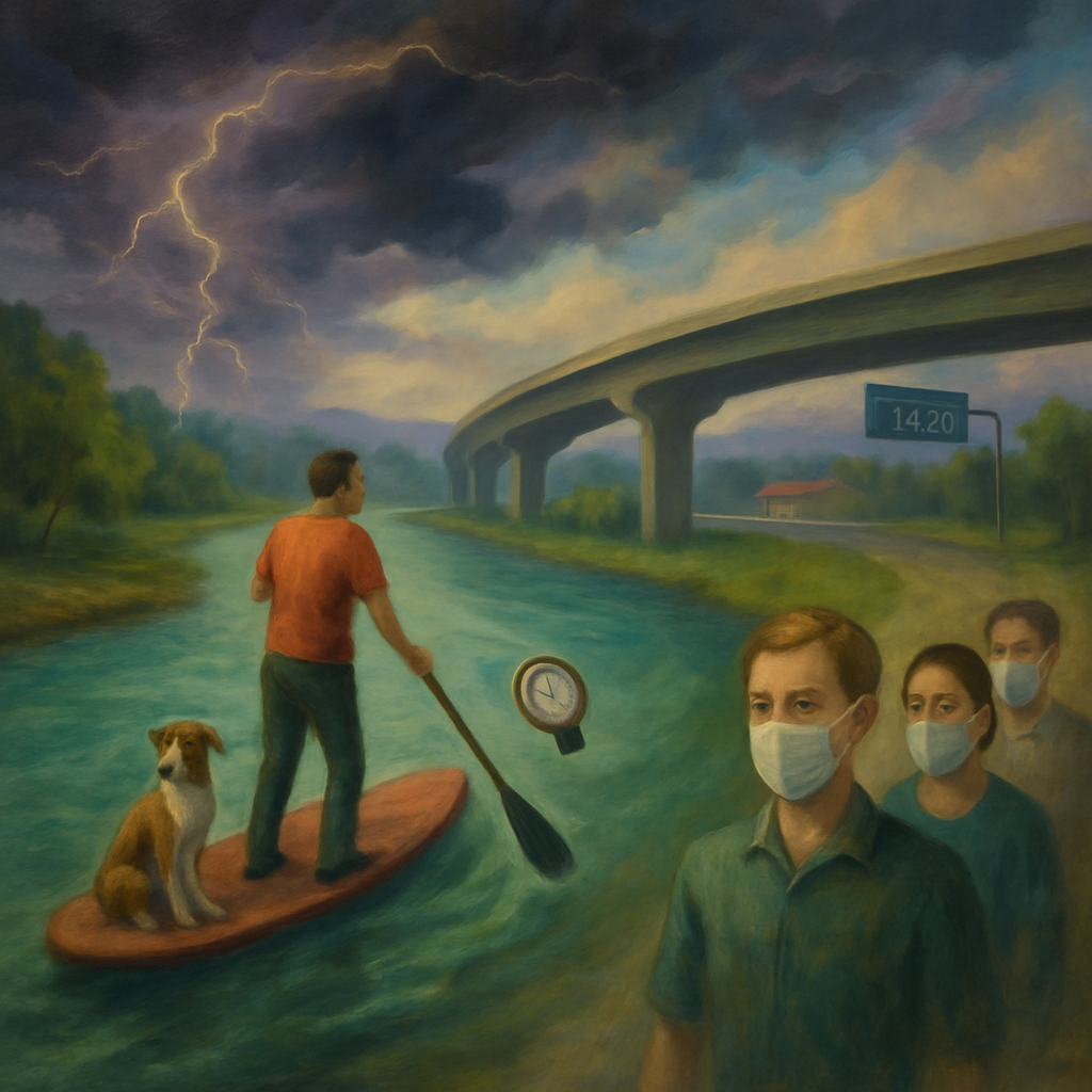 The dream features a journey involving a river and a highway, a dog named Pinto, and a lost watch, with friends and professional acquaintances. It involves themes of work, a group field trip wearing masks, suggesting a mix of personal and professional life challenges and transitions.