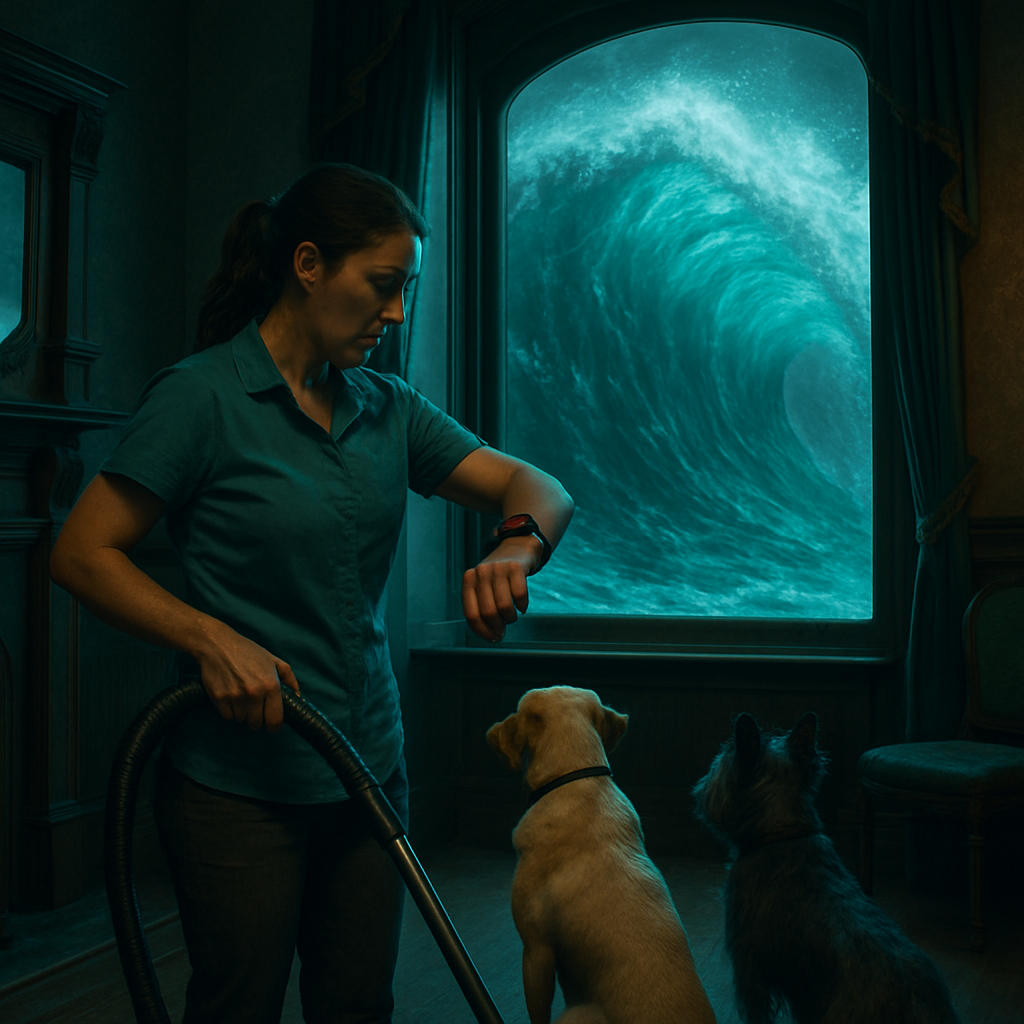 The dreamer finds themselves working in a Victorian-style house, taking care of dogs and cleaning before the owners return. A large wave appears at the end, leading to confusion with an Apple Watch call. This dream involves themes of nostalgia, loyalty, and modern confusion.