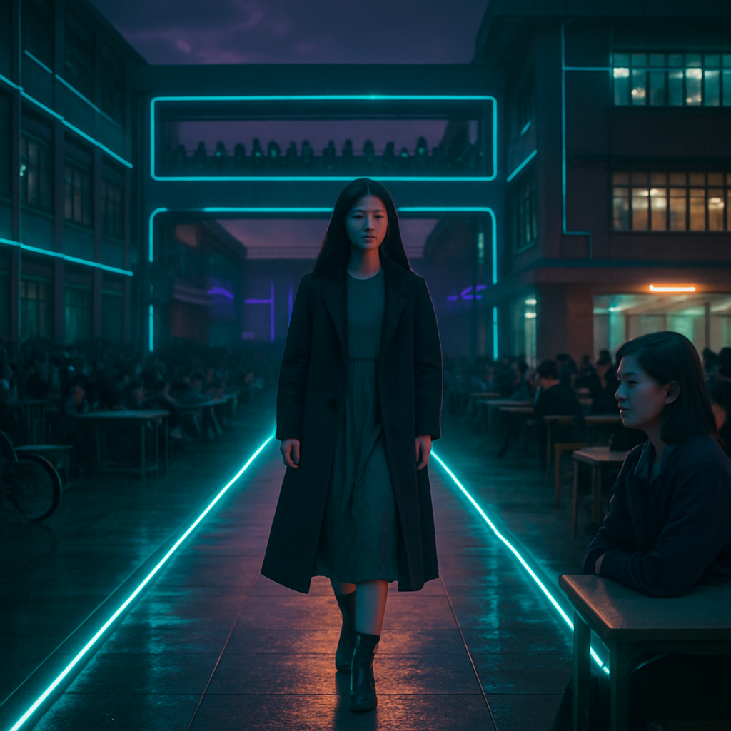 A dream set in a school-like compound where the dreamer participates in a fashion show, struggles with self-expression, and ultimately chooses authenticity over fitting in. The dream progresses to eating in a communal dining area, dealing with social expectations, and concludes with the realization of independence in social activities.