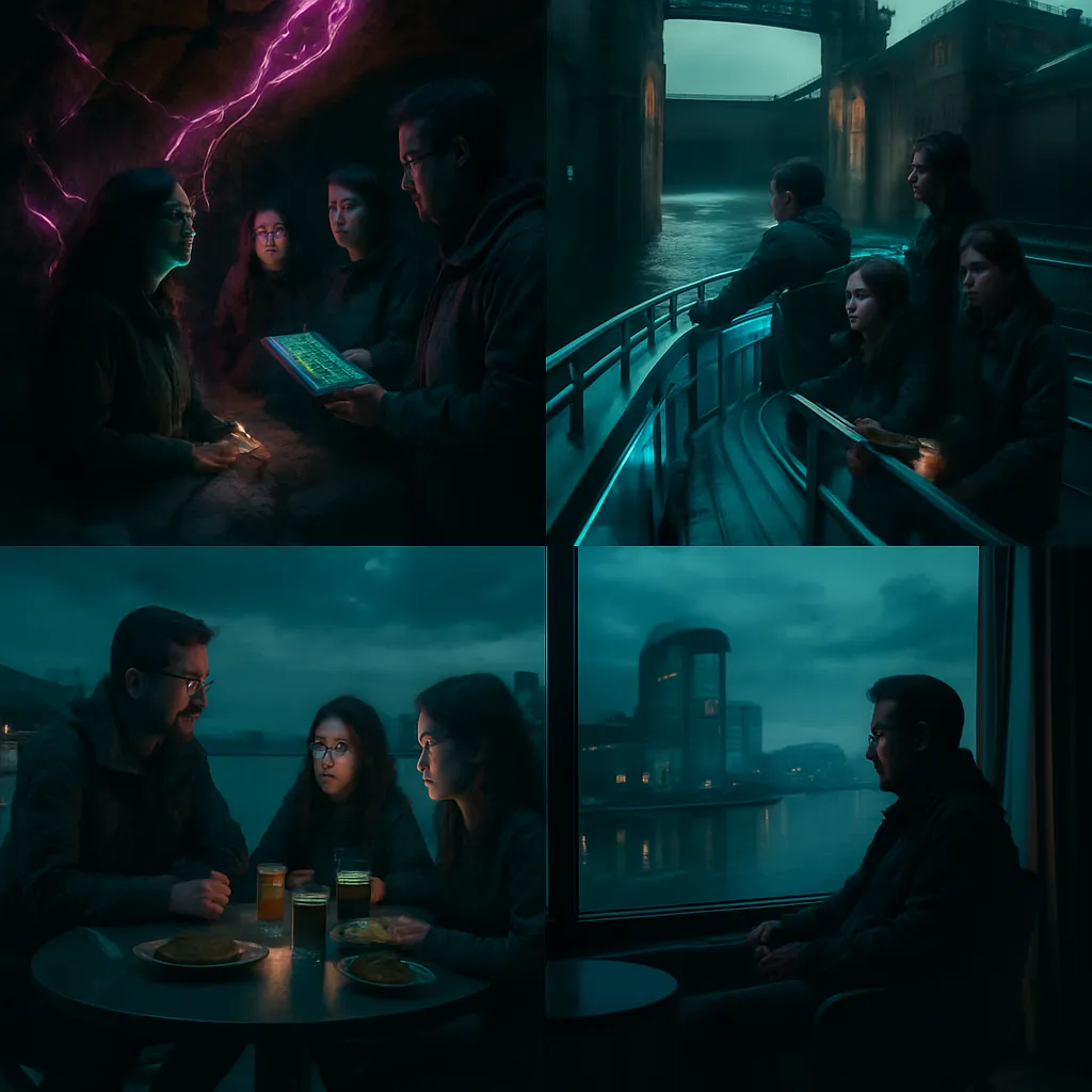 The dreamer and their family are underground studying fault lines, discovering historic inaccuracies related to earthquakes. They later find themselves on a ship, exploring a lock system connected to the 1800s. Meals with family by the water's edge are meaningful, concluding with a reflective moment alone.