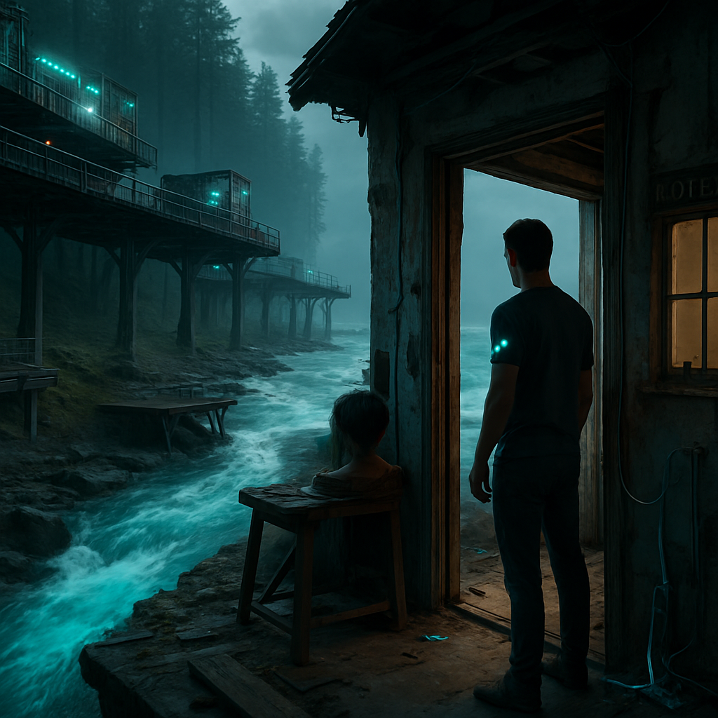 The dream starts with life on platforms over a giant stream symbolizing societal structures. It transitions to a loss of the body suggesting identity changes, and moves through the natural world to the ocean, culminating in a past home with reconstructions and interactions with a former partner, Omar.
