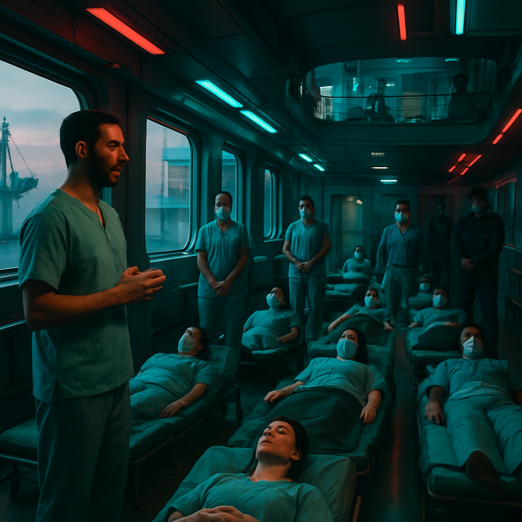 The dreamer is working on a multi-level boat with patients, nursing assistants, and security guards. They plan a yoga nidra session considering everyone's needs while keeping social distance. The setting resembles a hospital.