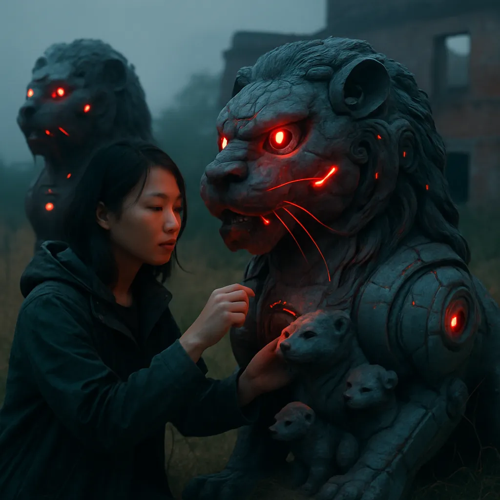The dreamer finds themselves in a field-like place that feels like an old house. Large statues of guardian lions come to life, and despite fear, the dreamer grooms them. Pups in the lions' fur signify innocence. The dream reflects embracing fearsome and gentle aspects of self in unison.
