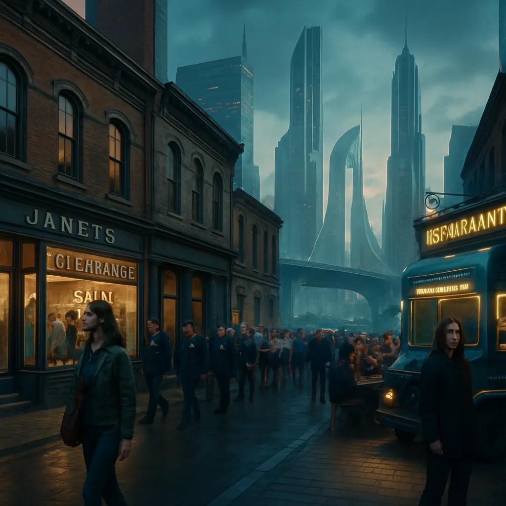 The dreamer is in a city with both futuristic and old buildings, walking past a parade or marathon towards a friend's shop. The scene shifts to a social gathering at a food truck park, where Maria appears menacing. The dream concludes in a restaurant serving unconventional Viking food.
