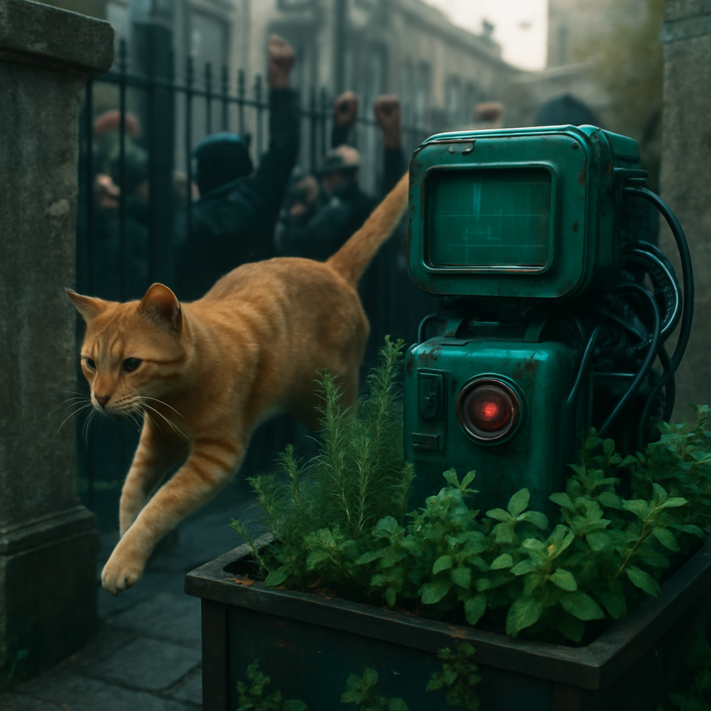 The dream depicts social turmoil with efforts to mitigate potential harm using creative solutions, represented by storing troubling machines with herbs. A cat demonstrates agility as it navigates out of constraints. The dream blends themes of innovation, independence, and social dynamics.