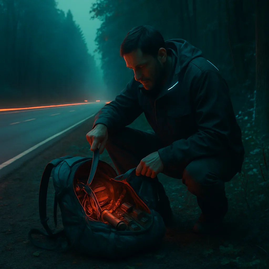 A lucid dream where the dreamer feels rooted by the roadside, witnesses a man gutting a backpack previously mistaken for an animal, revealing its contents as survival tools.