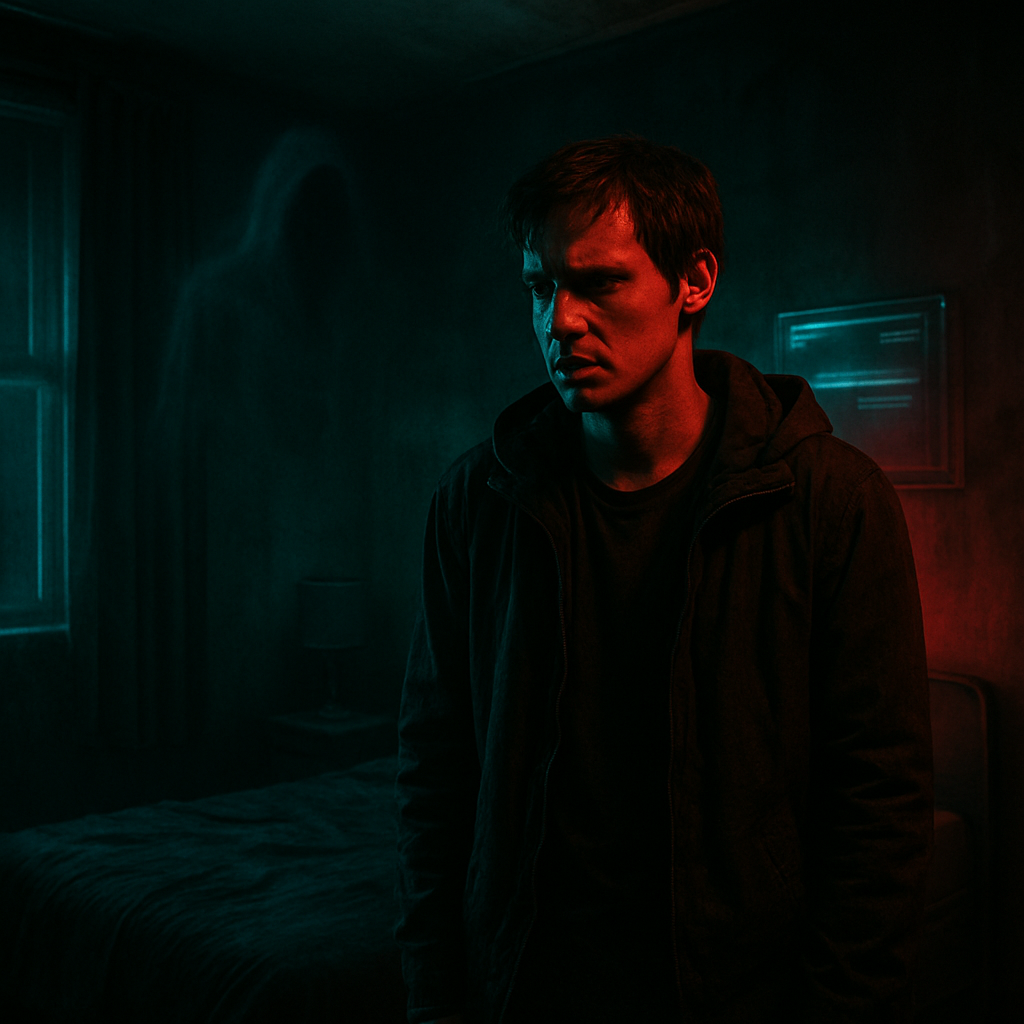 The dreamer finds themselves in a haunted room, feeling the presence of a ghost they cannot see but know is there, wishing it to leave them alone.