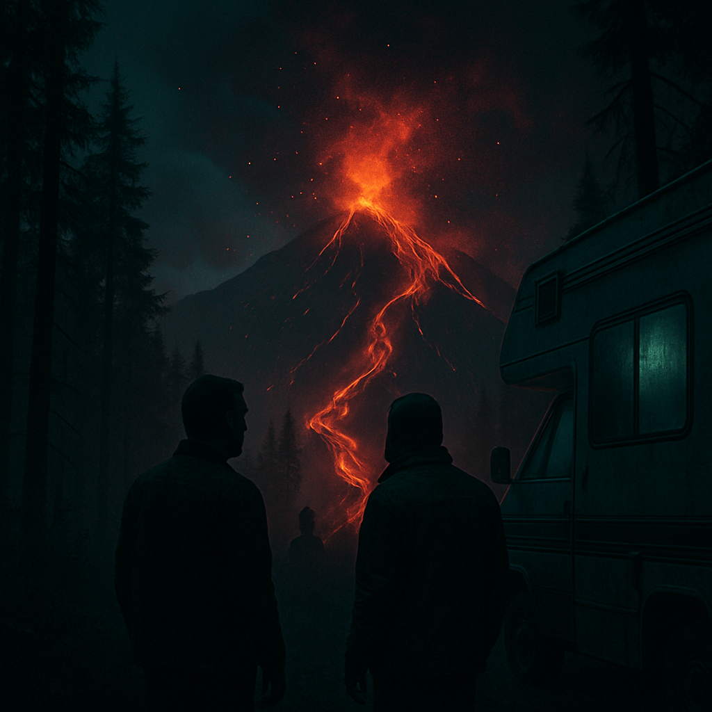 The dreamer stands in the woods at night, observing fire on a mountain ridge. Accompanied by an unidentified man, they decide to wait for the dreamer’s husband. The fire turns into lava as they realize the mountain is a volcano. Escaping in the RV, they hope others find safety.
