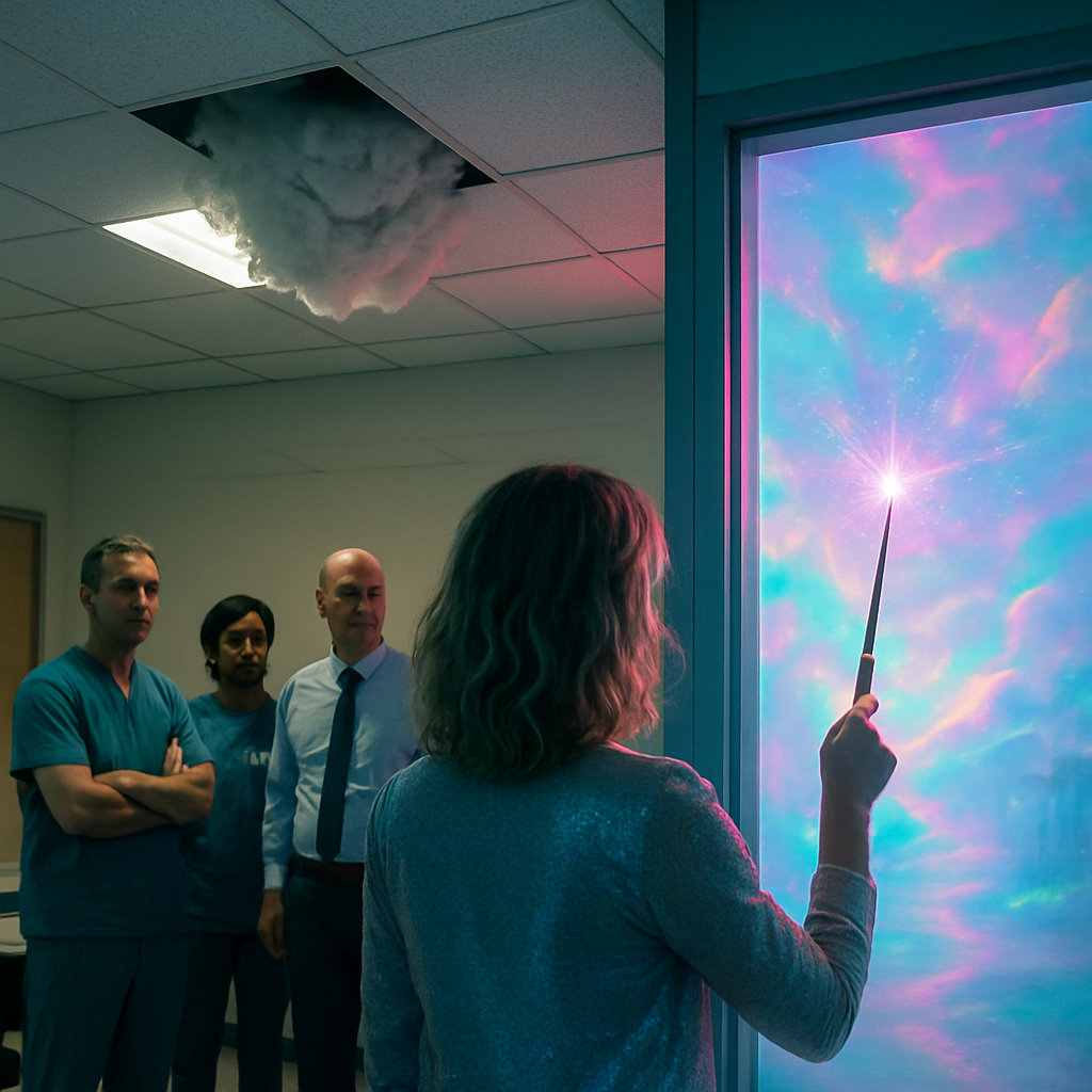 In a fragmented dream set at a hospital, the dreamer observes a ceiling buckling ominously with pillow stuffing and experiences a magical transformation involving pastel colors and a wand, leading to an otherworldly walk alone.